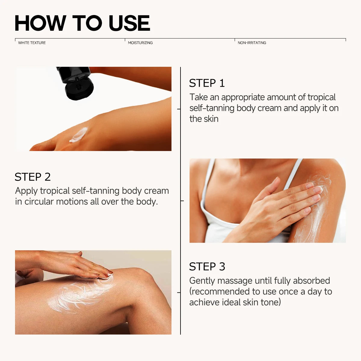 Lotion can be used on all parts of the face and body to hydrate and moisturize. faster and deeper tanning effects