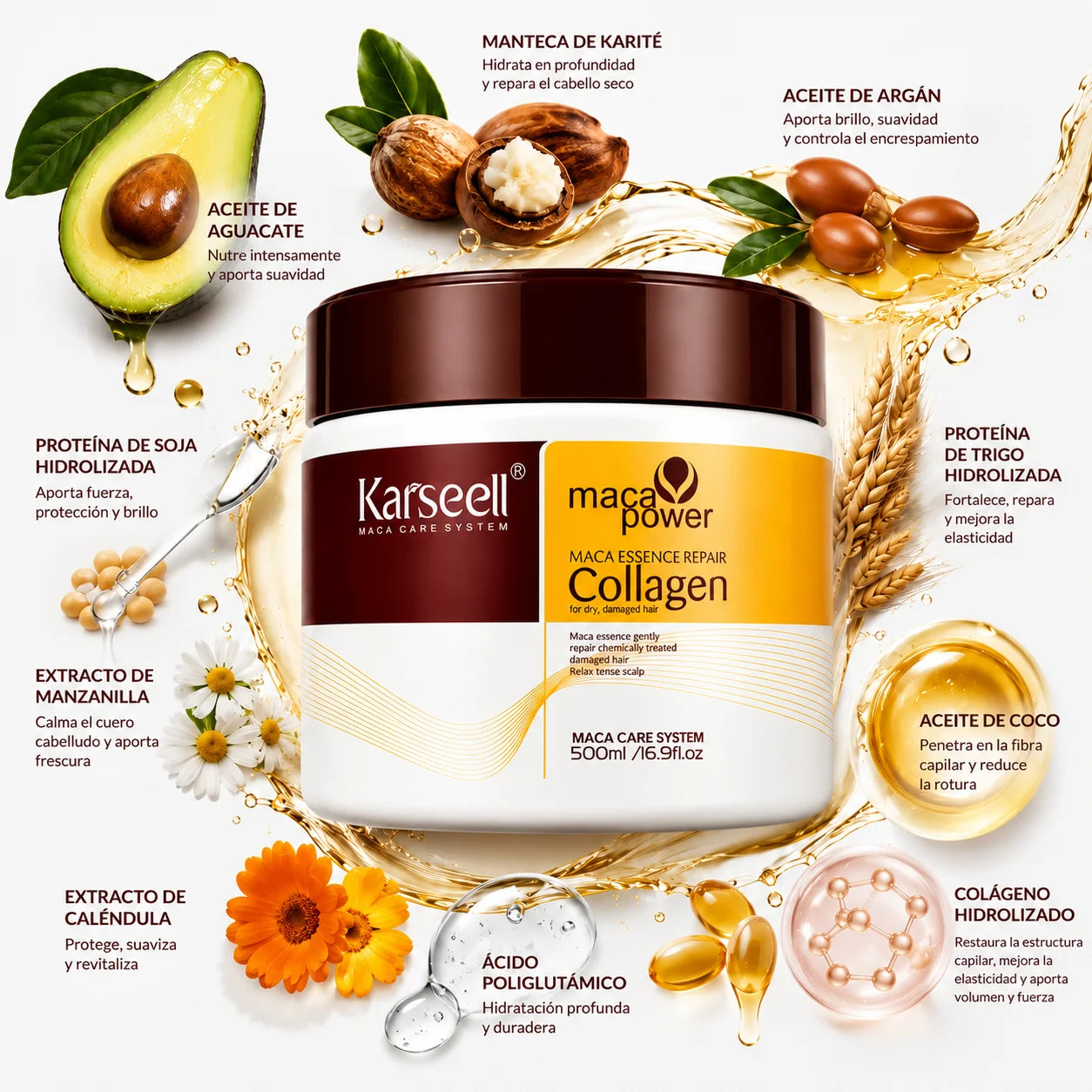 Hair mask deep repair intense hydration collagen argan oil coconut avocado maca shea antifrizz anti-frizz smoothing intense hydration dry and damaged hair all hair types 500 ml
