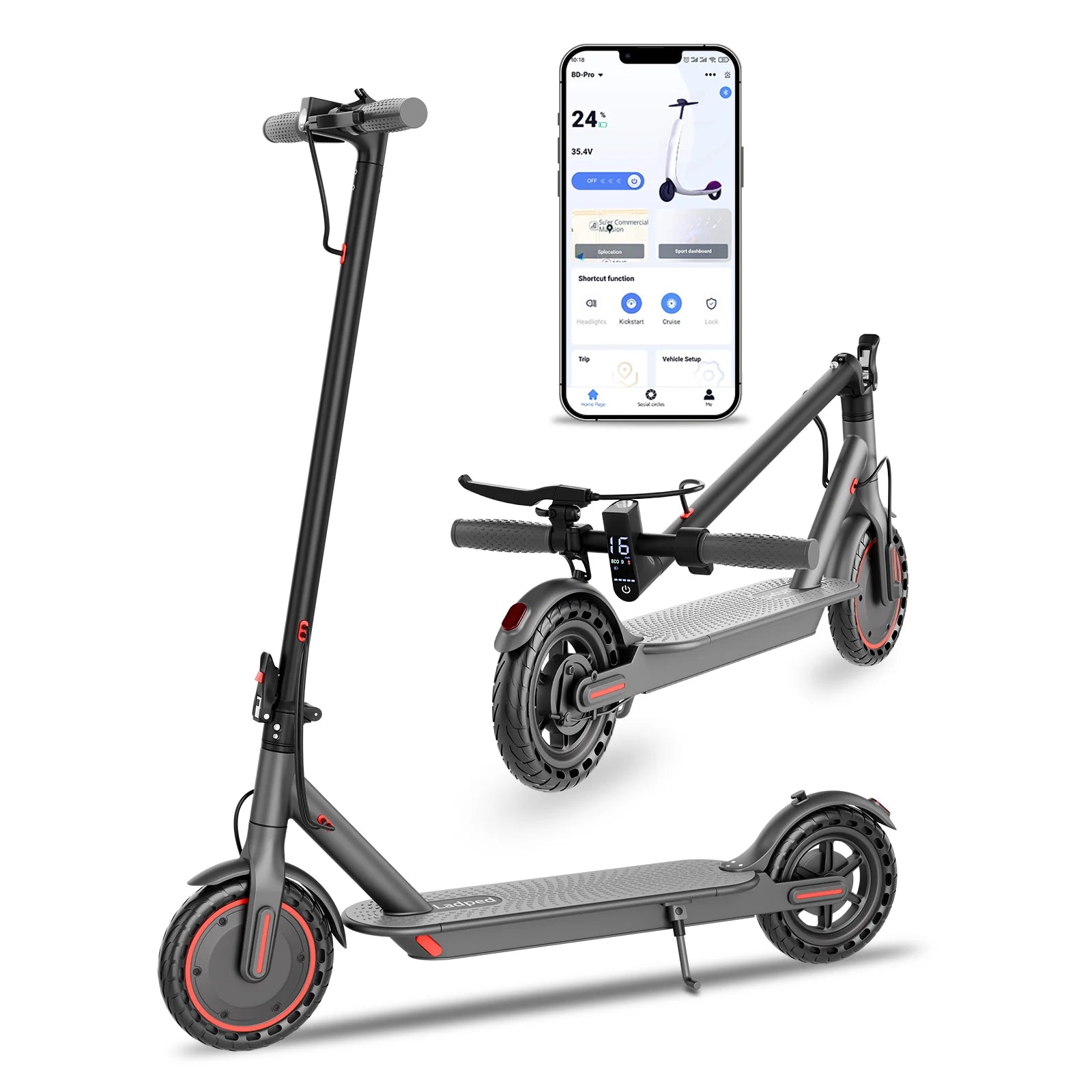 Electric Scooter With Seat Storage Bag 350W 36V 5.2Ah 19/MPH 16Miles Range APP Control Commute E-Scooter