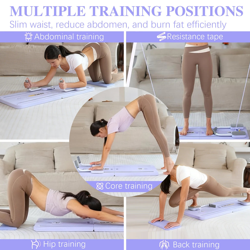 Portable Pilates Board Foldable Core Trainer with Resistance Bands Automatic Rebound Pushup Board with Knee Pad and Phone Holder