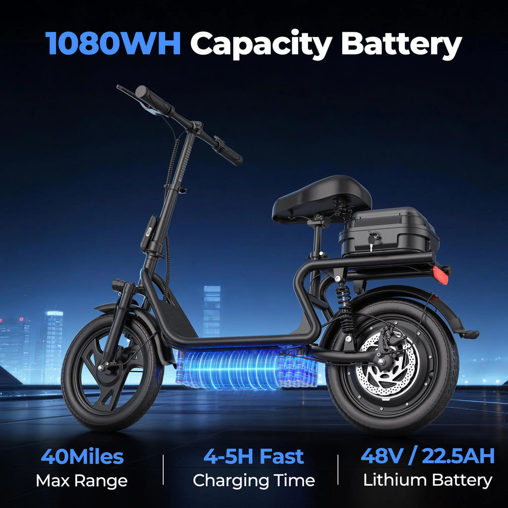 Electric Scooter 48V 22.5Ah Battery 14 Inch Tire Foldable Commuter E Scooter with Storage Box 22MPH Speed 40 Miles