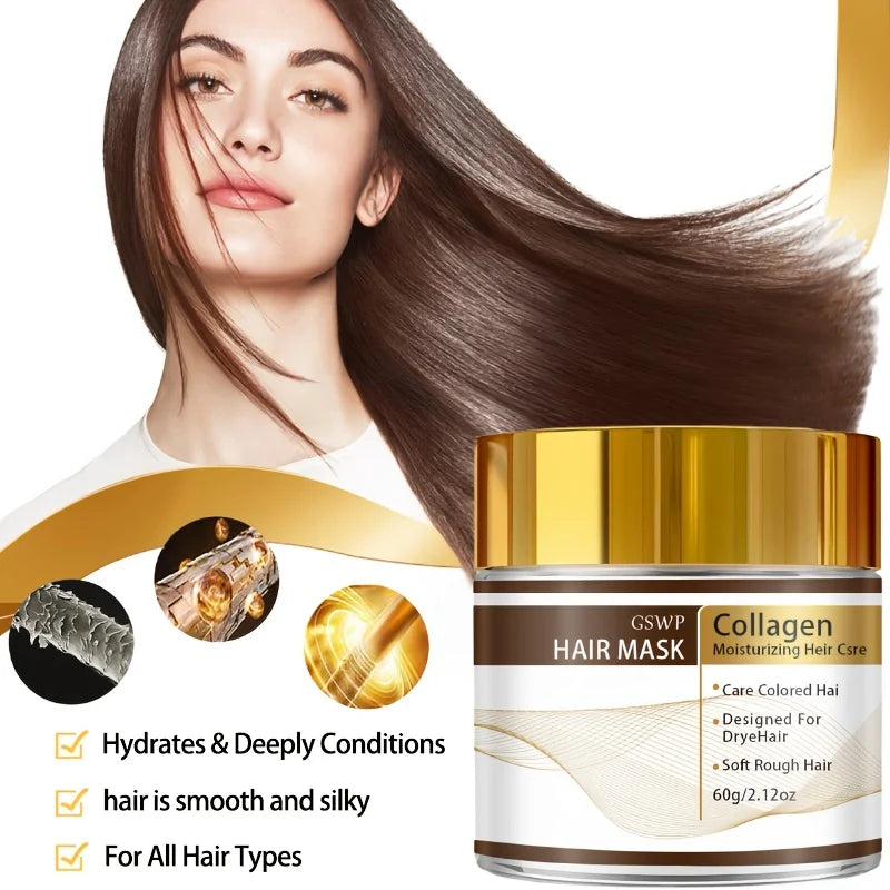 Moroccan Collagen Hair Mask, containing glycerin, collagen, and biotin, deeply moisturizes, leaves hair smooth. 60/120/180g