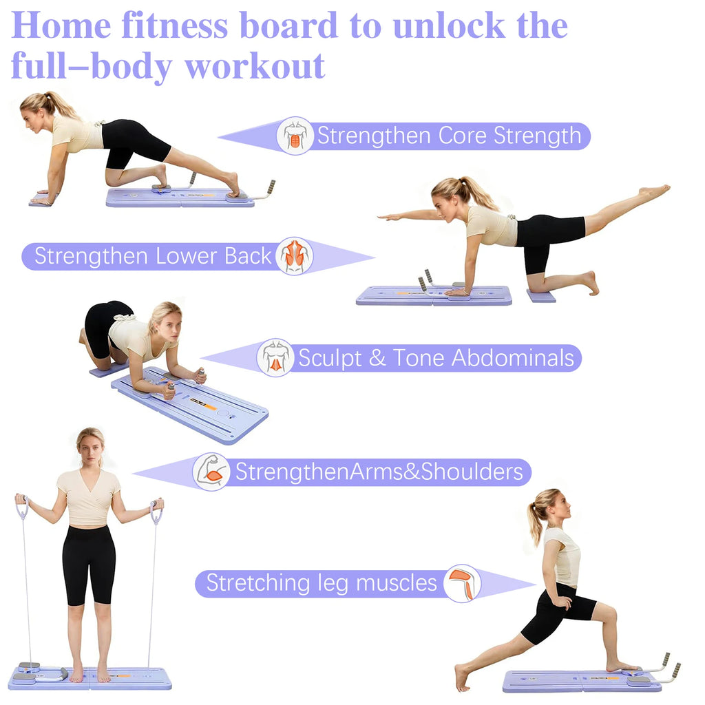 Portable Pilates Board Foldable Core Trainer with Resistance Bands Automatic Rebound Pushup Board with Knee Pad and Phone Holder