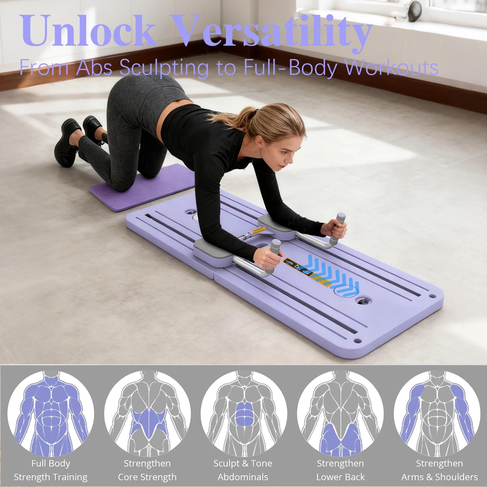 Portable Pilates Board Foldable Core Trainer with Resistance Bands Automatic Rebound Pushup Board with Knee Pad and Phone Holder