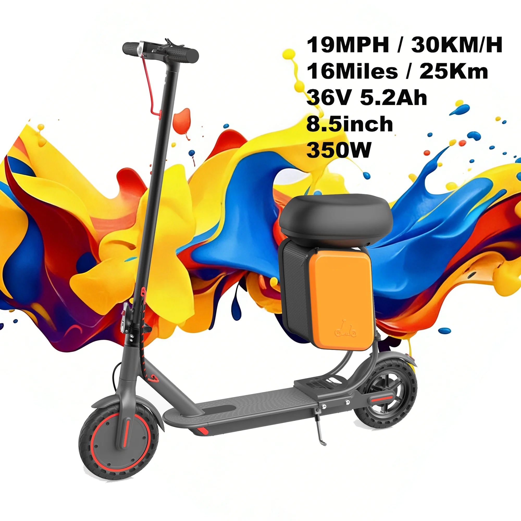 Electric Scooter With Seat Storage Bag 350W 36V 5.2Ah 19/MPH 16Miles Range APP Control Commute E-Scooter