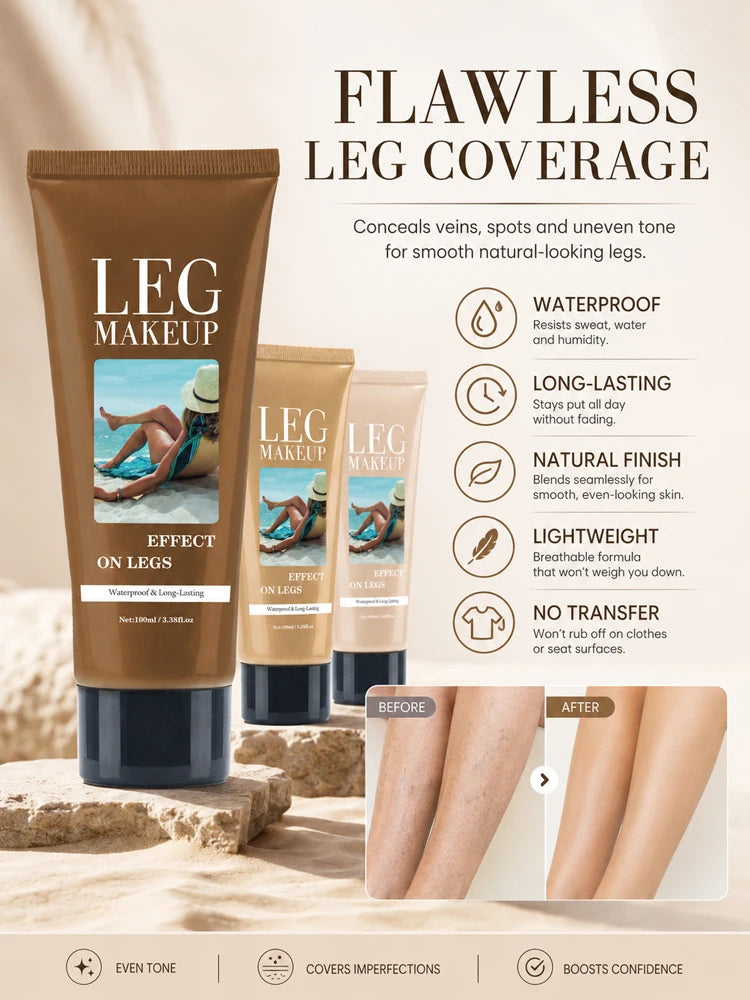 Waterproof Body Makeup for Legs, Full Coverage Leg Concealer Cream, Covers Veins Spots Bruises, Sweat-Resistant Natural Glow