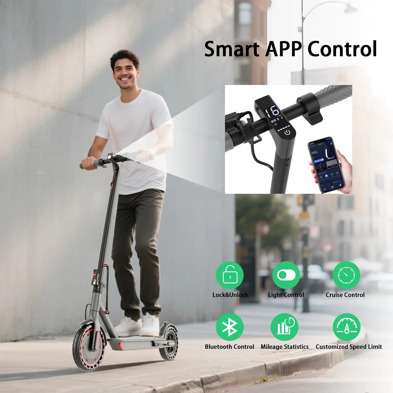 Electric Scooter With Seat Storage Bag 350W 36V 5.2Ah 19/MPH 16Miles Range APP Control Commute E-Scooter