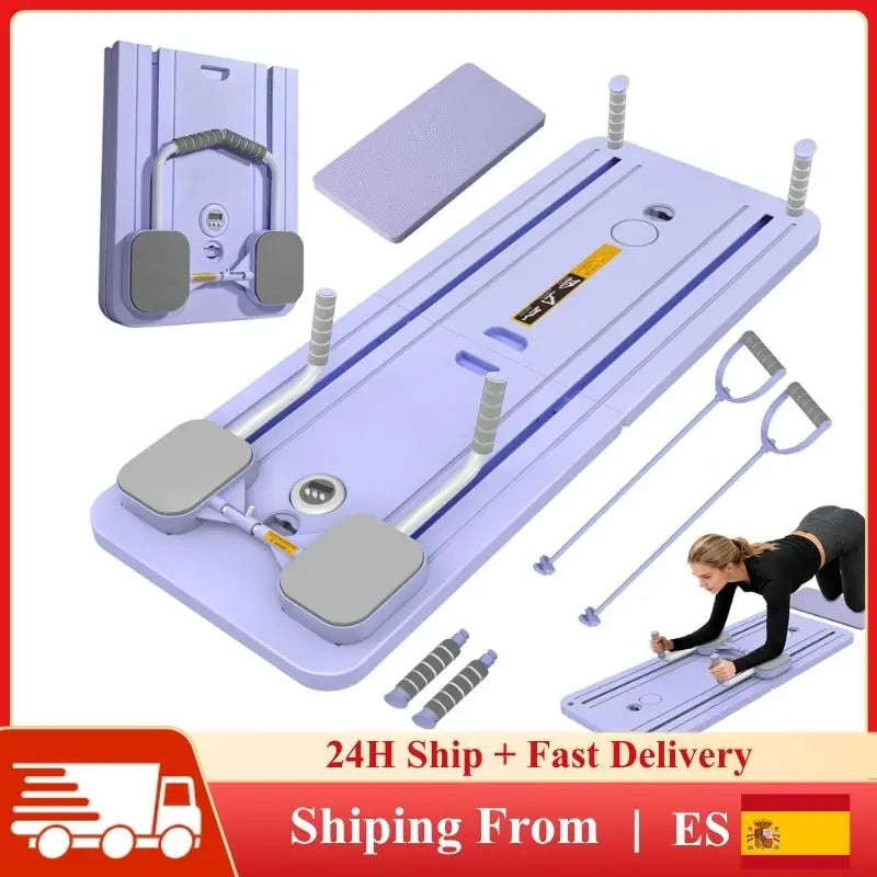 Portable Pilates Board Foldable Core Trainer with Resistance Bands Automatic Rebound Pushup Board with Knee Pad and Phone Holder
