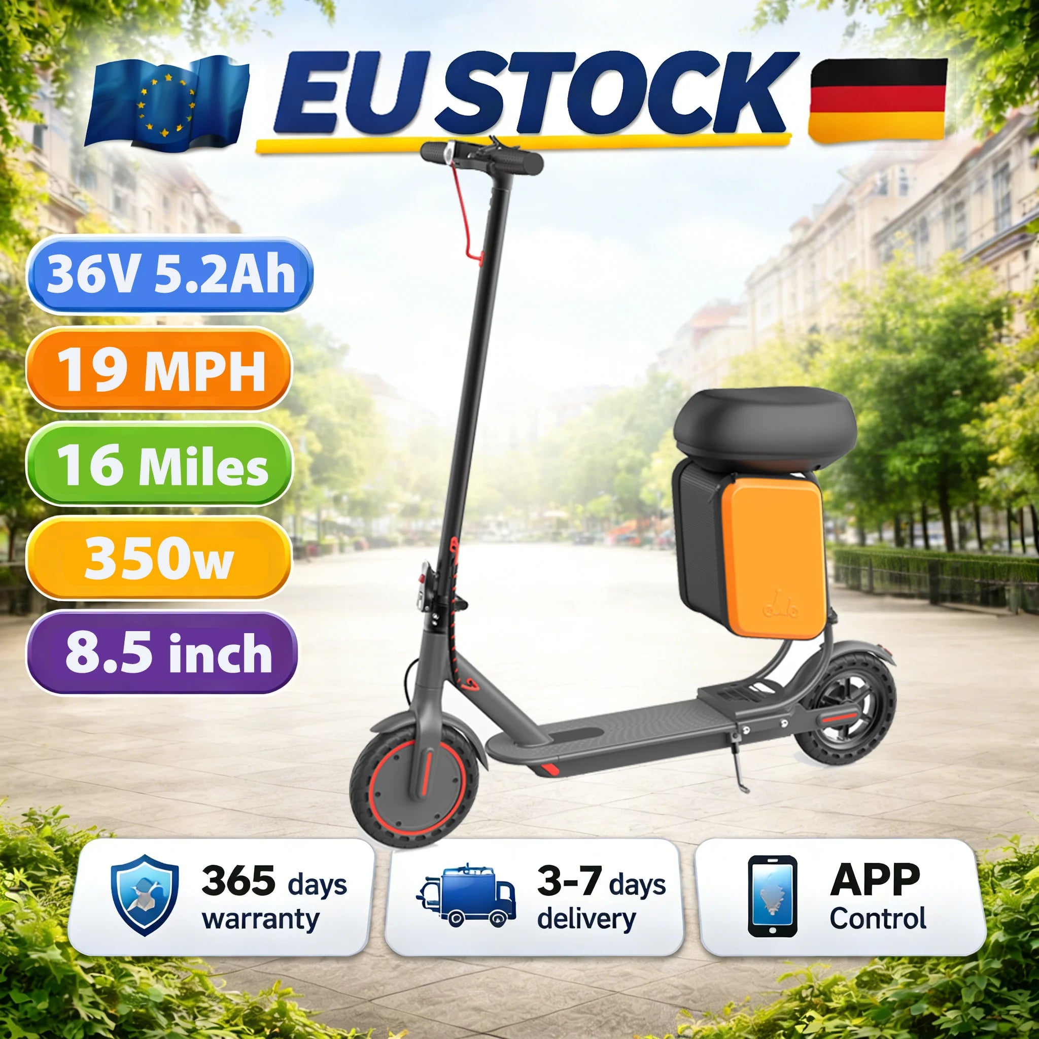 Electric Scooter With Seat Storage Bag 350W 36V 5.2Ah 19/MPH 16Miles Range APP Control Commute E-Scooter