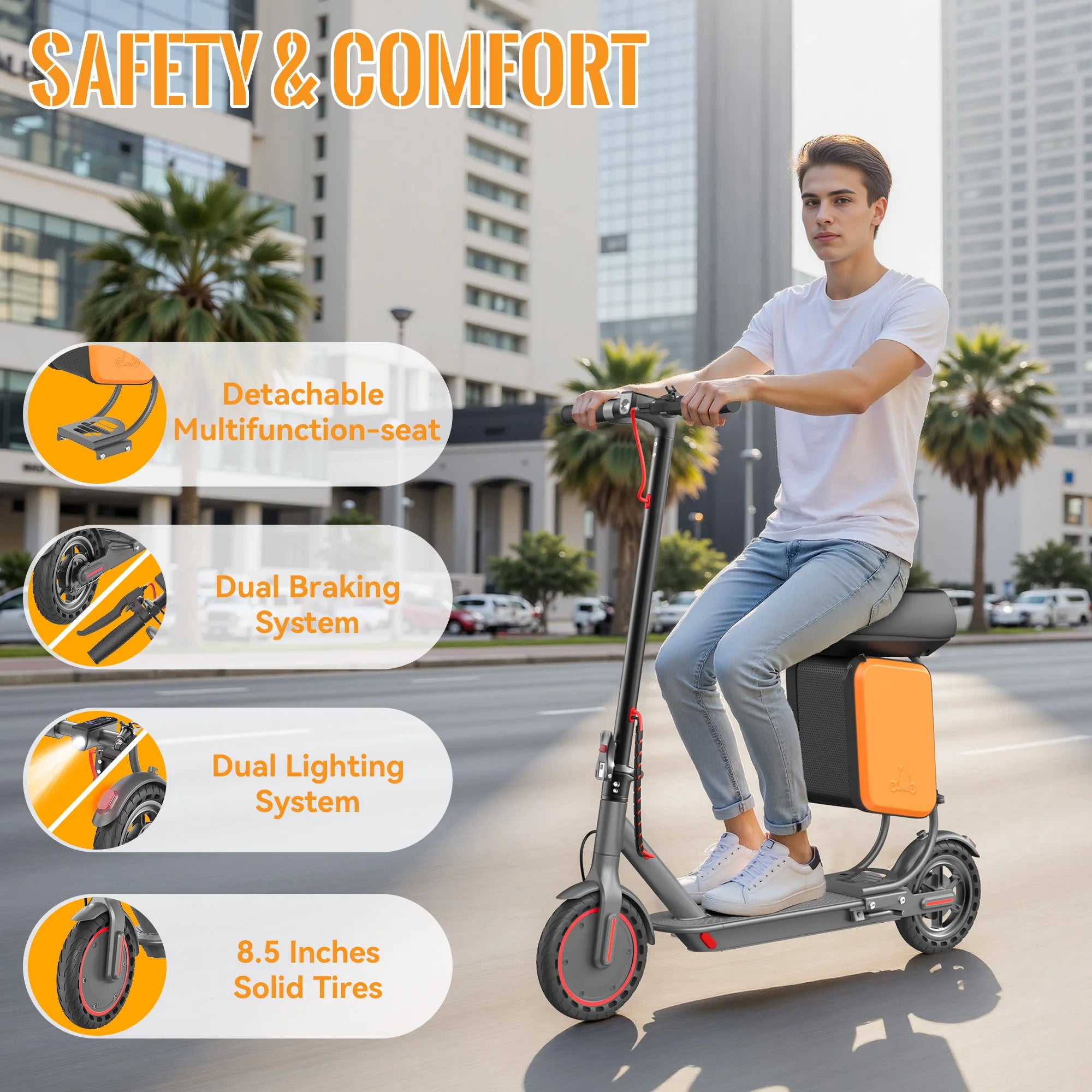 Electric Scooter With Seat Storage Bag 350W 36V 5.2Ah 19/MPH 16Miles Range APP Control Commute E-Scooter