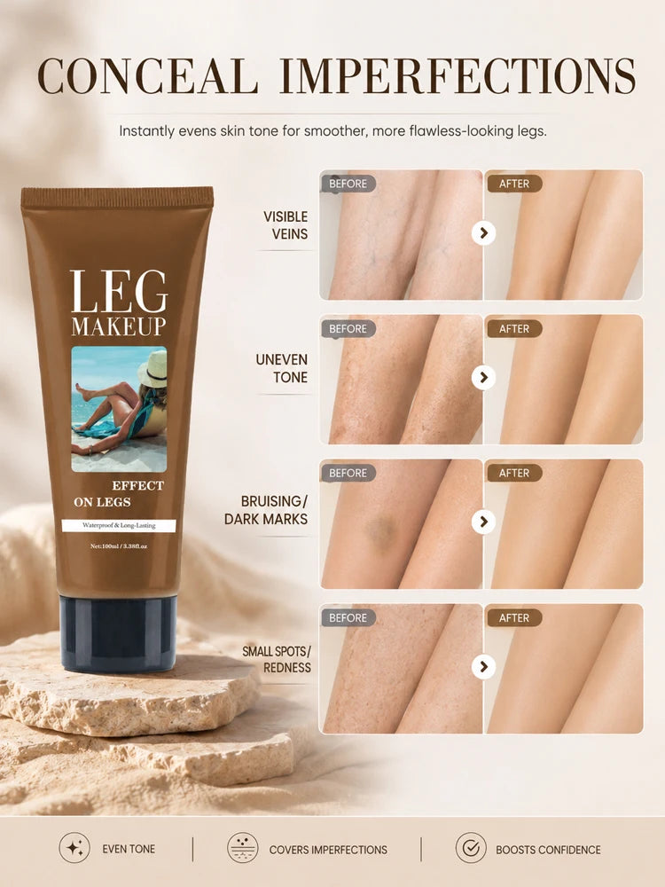 Waterproof Body Makeup for Legs, Full Coverage Leg Concealer Cream, Covers Veins Spots Bruises, Sweat-Resistant Natural Glow