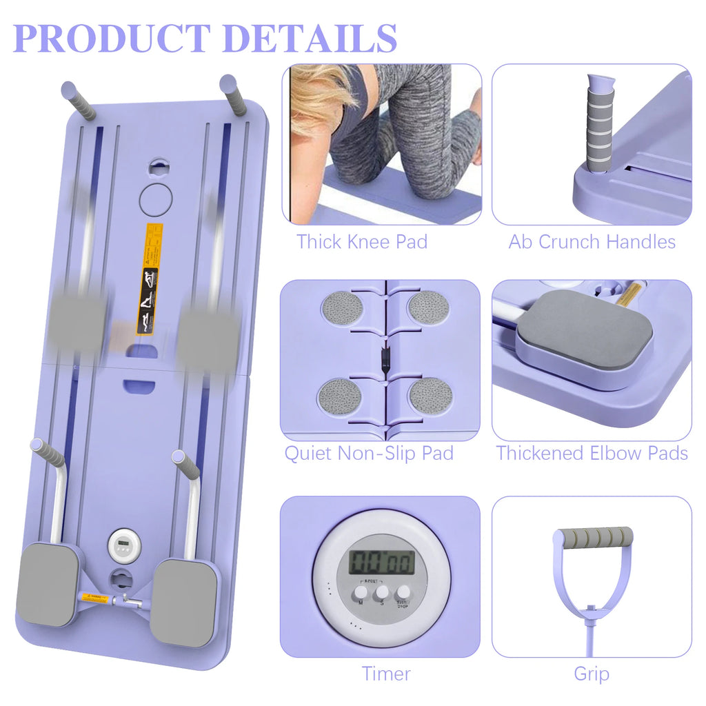 Portable Pilates Board Foldable Core Trainer with Resistance Bands Automatic Rebound Pushup Board with Knee Pad and Phone Holder