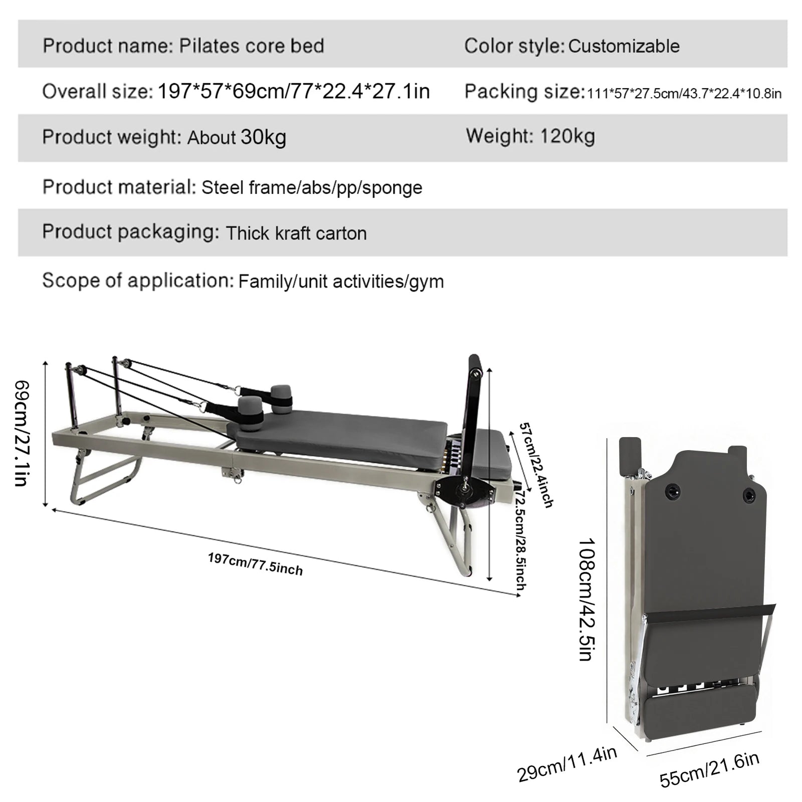 Large Folding Pilates Reformer Equipment Core Yoga Bed Home Fitness Weight Loss Steel ABS Steels Material Pilates Machine