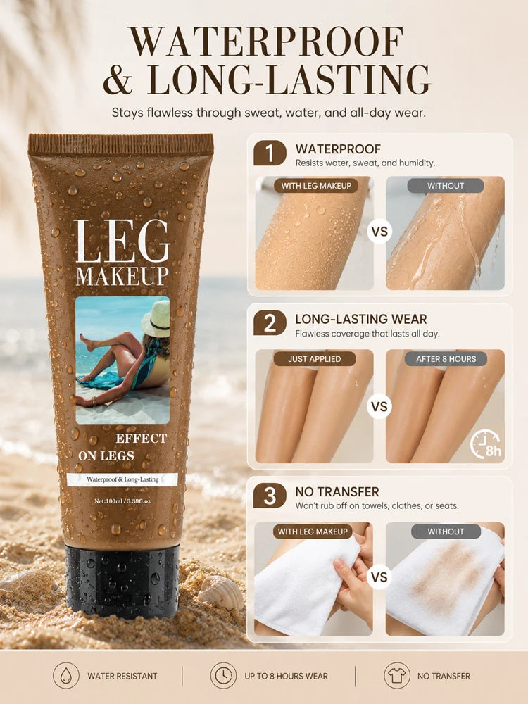 Waterproof Body Makeup for Legs, Full Coverage Leg Concealer Cream, Covers Veins Spots Bruises, Sweat-Resistant Natural Glow