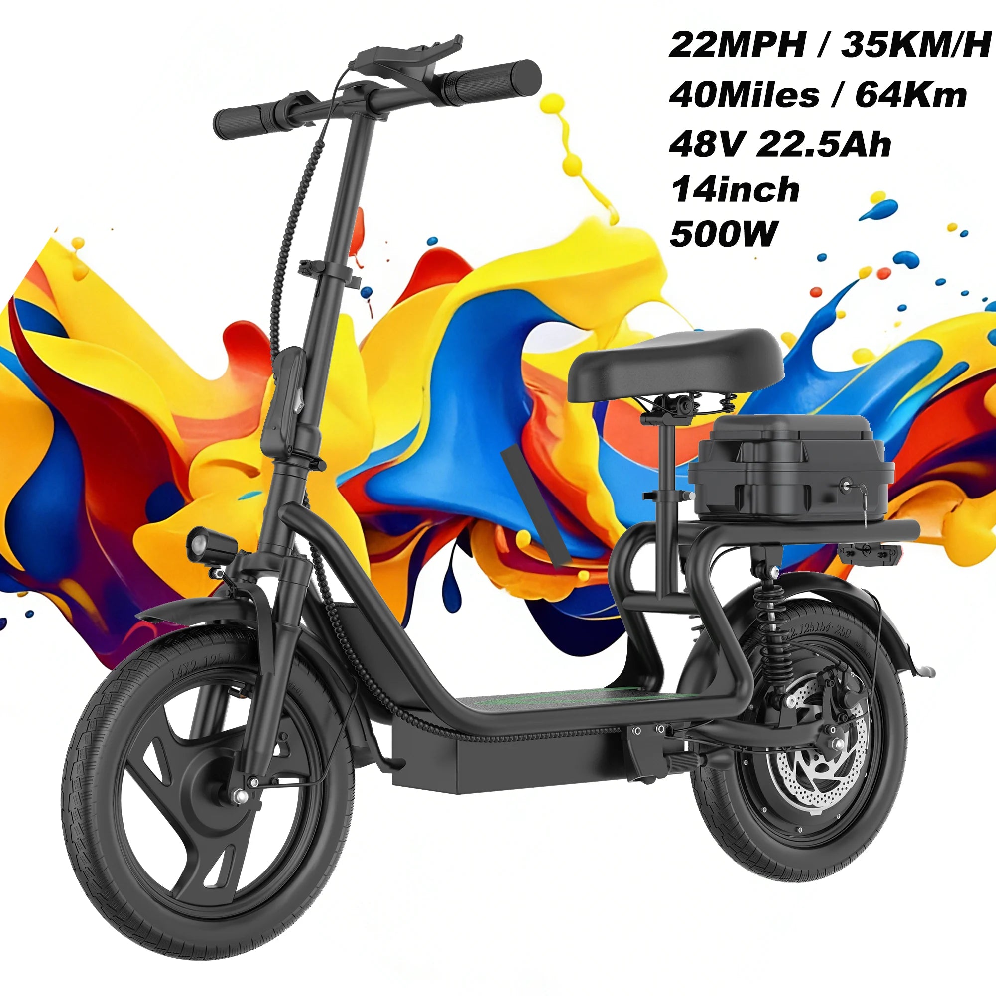 Electric Scooter 48V 22.5Ah Battery 14 Inch Tire Foldable Commuter E Scooter with Storage Box 22MPH Speed 40 Miles