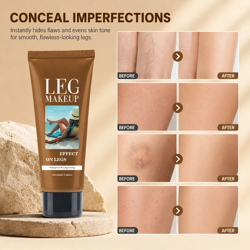 Waterproof Body Makeup for Legs, Full Coverage Leg Concealer Cream, Covers Veins Spots Bruises, Sweat-Resistant Natural Glow