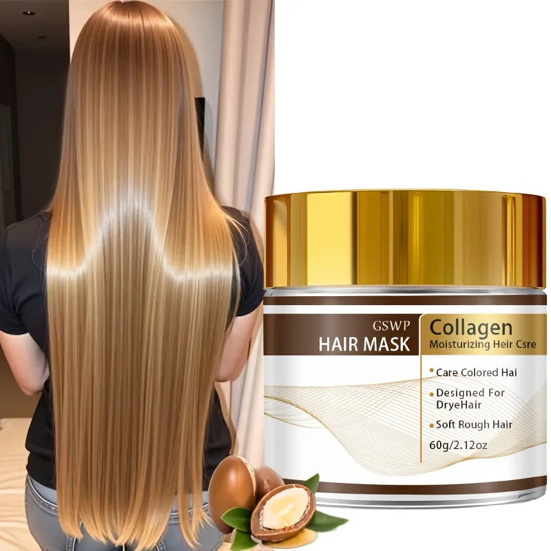 Moroccan Collagen Hair Mask, containing glycerin, collagen, and biotin, deeply moisturizes, leaves hair smooth. 60/120/180g
