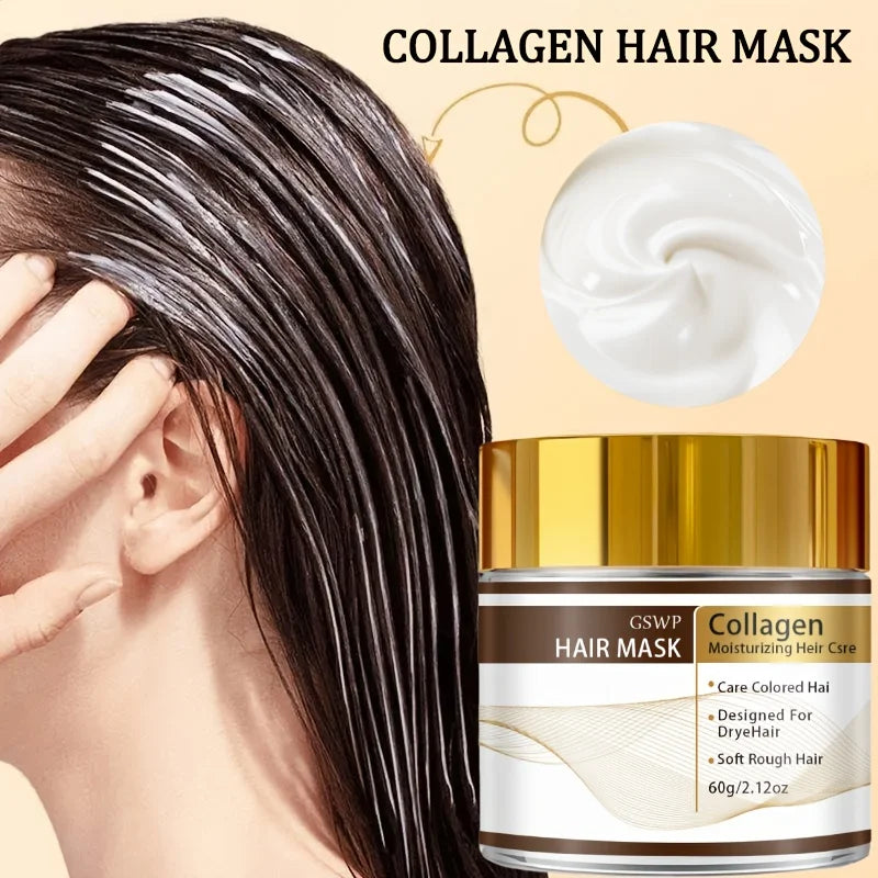 Moroccan Collagen Hair Mask, containing glycerin, collagen, and biotin, deeply moisturizes, leaves hair smooth. 60/120/180g