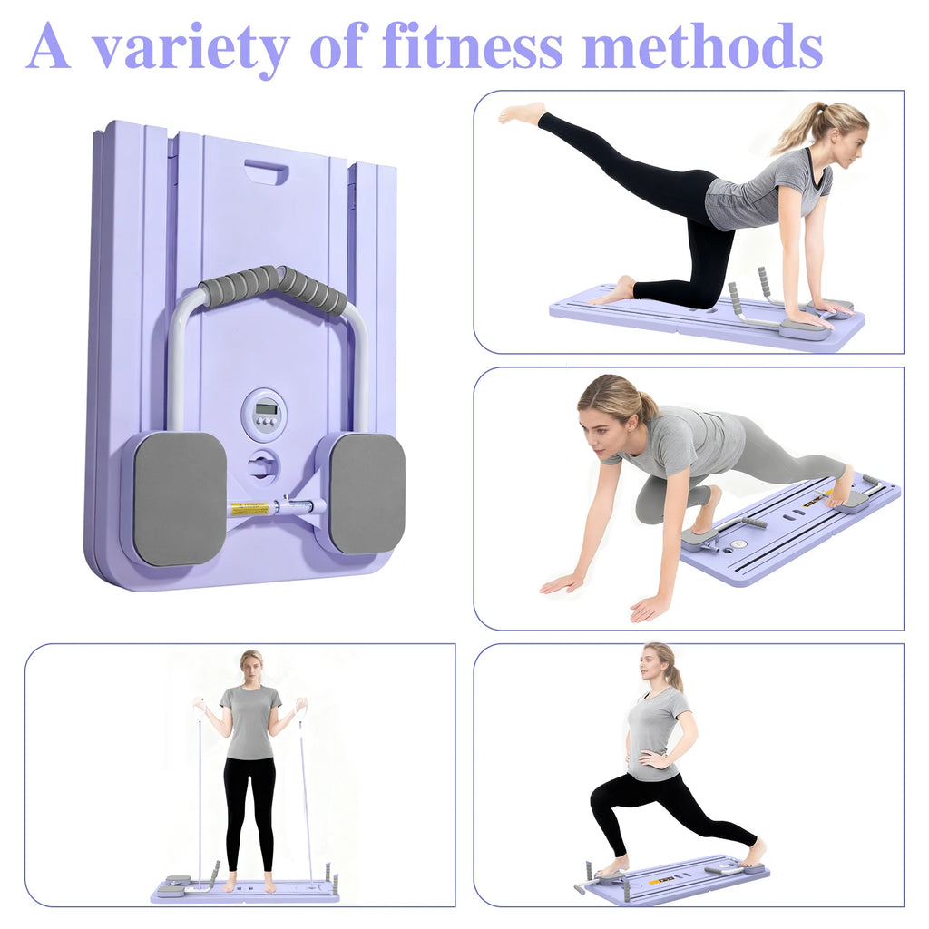 Portable Pilates Board Foldable Core Trainer with Resistance Bands Automatic Rebound Pushup Board with Knee Pad and Phone Holder