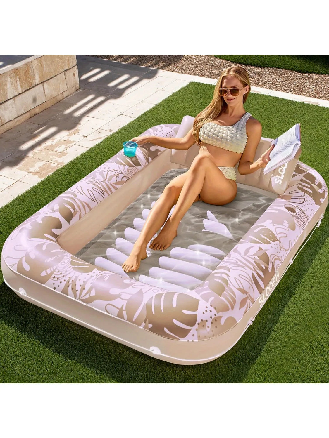 Sloosh 4 in 1 Suntan Tub Inflatable Tanning Pool Lounger Float 70" x 46" Pool Floats Adult Sunbathing Bed Lounge for Water Party