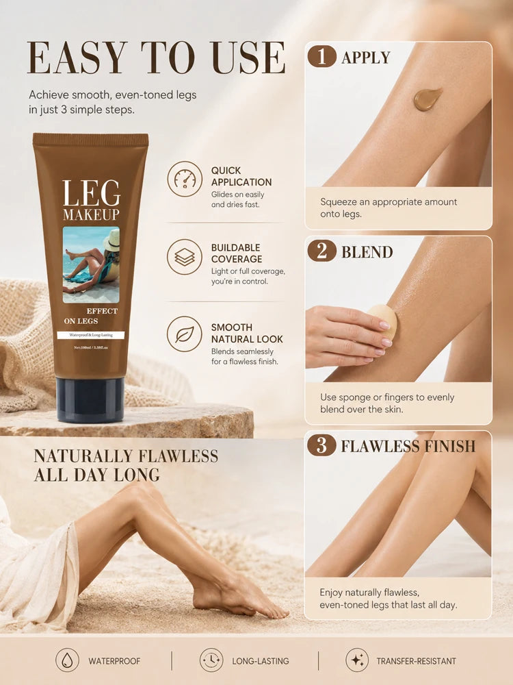 Waterproof Body Makeup for Legs, Full Coverage Leg Concealer Cream, Covers Veins Spots Bruises, Sweat-Resistant Natural Glow