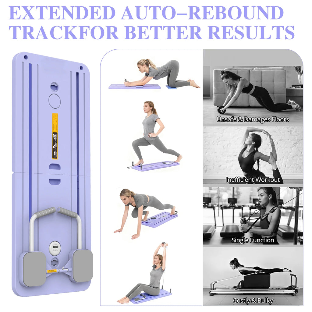 Portable Pilates Board Foldable Core Trainer with Resistance Bands Automatic Rebound Pushup Board with Knee Pad and Phone Holder